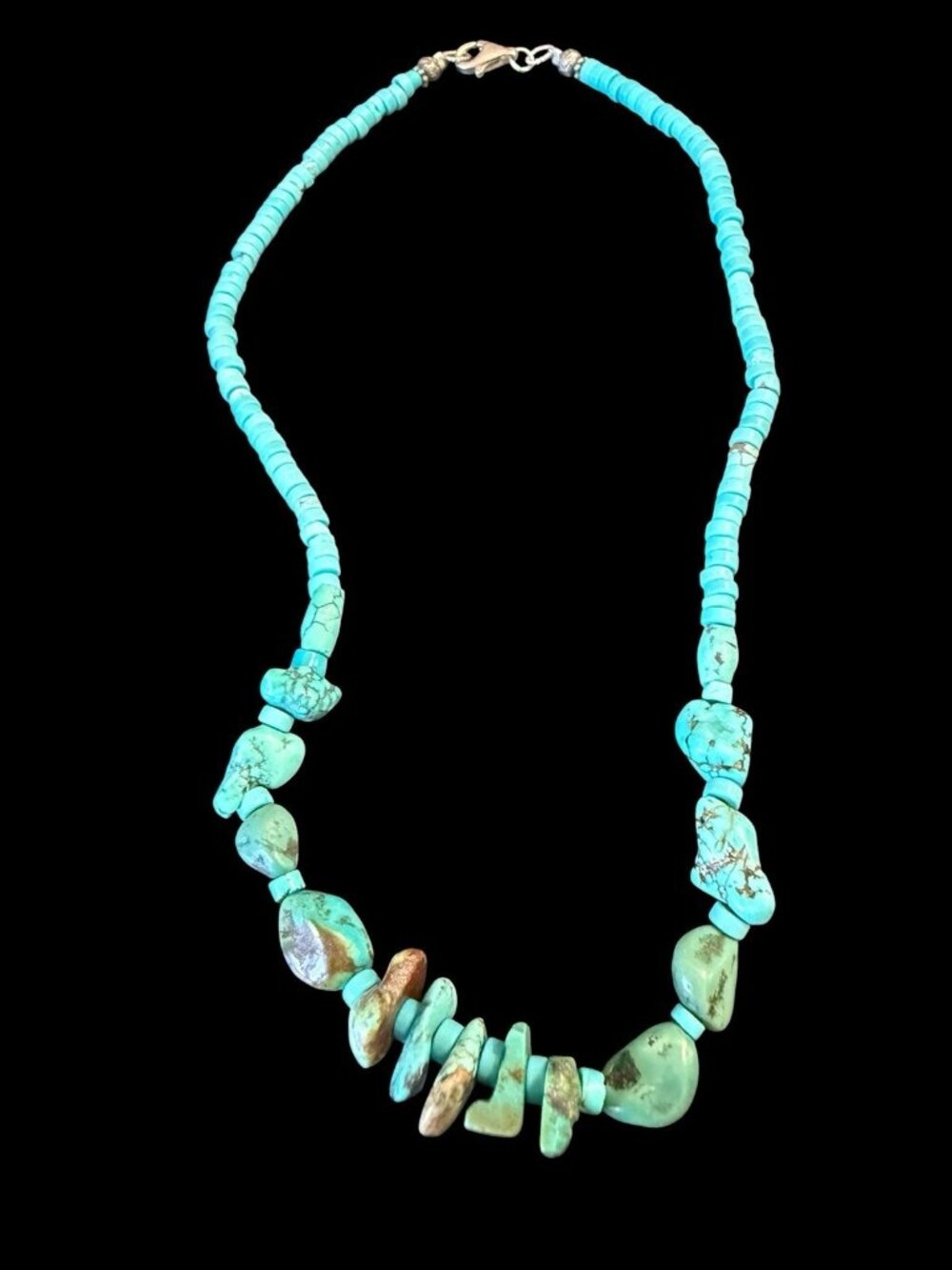Genuine Turquoise Disc Raw Nugget Necklace Sterling Silver 925 Southwestern
